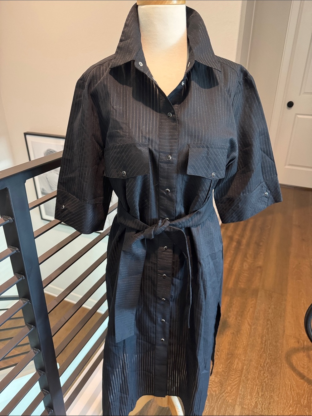 Simona Corsellini Navy Gold Metallic Pinstripe Snap Button Shirt Dress Tie 44 - Picture 8 of 14